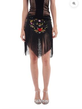 NiiHai Black Fringe Embroidered Mini Skirt with Floral Accent - Women